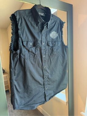 Harley-Davidson Black Raw Edge Blowout Sleeveless Button Down Vest Biker Top
